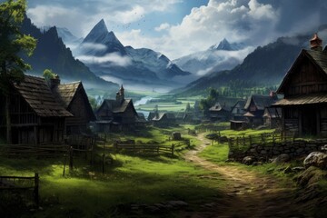 Fototapeta premium Picturesque medieval village nestled in a lush green valley, traditional wooden houses lining a winding dirt path, majestic snow capped mountains and a flowing river completing the idyllic landscape