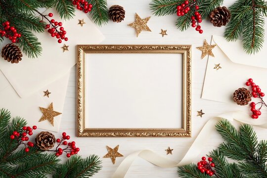 Christmas stationery mockup with winter holiday decoration on white background and copy space area.