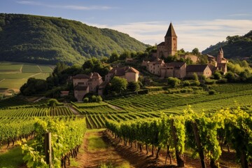 Fototapeta premium Lush green vineyards lining rolling hills leading to a historic medieval village in alsace, france, with a prominent church tower under a bright summer sky, capturing rural agricultural beauty