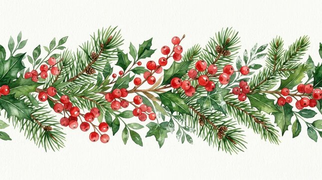 Watercolor Christmas Border with Red Berries, Holly Leaves, and Pine Branches on White Background