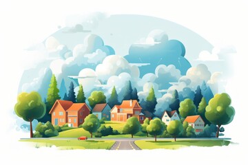Fototapeta premium Cartoon neighborhood illustrating community life. Featuring modern houses with orange roofs. Green trees. Lush hills. And a winding road under a clear blue sky with fluffy white clouds