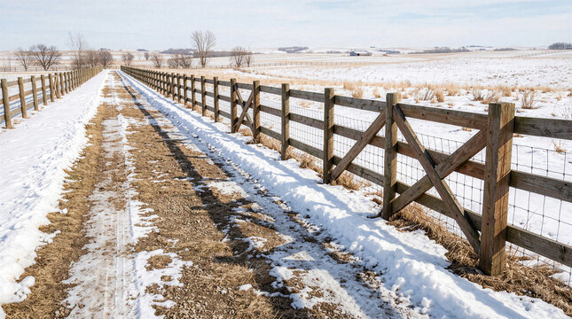 Snow-covered livestock fencing and rural farm road across winter pasture