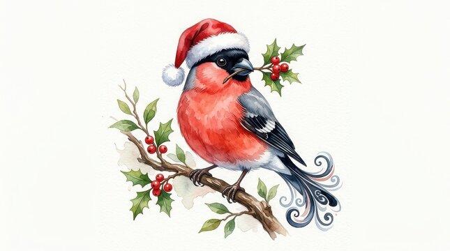 Watercolor Illustration of a Bullfinch Bird Wearing a Santa Hat Perched on a Holly Branch with Red Berries
