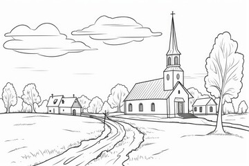 Fototapeta premium Rural village scene presenting a church and houses in a peaceful landscape. Offering a simplified black and white outline for coloring activities. Reflecting simplicity and traditional community life