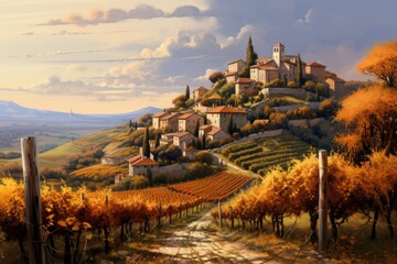 Fototapeta premium Tuscan village perching on a hill, overlooking sprawling vineyards during autumn harvest, with warm evening light illuminating the italian countryside and traditional architecture under a cloudy sky
