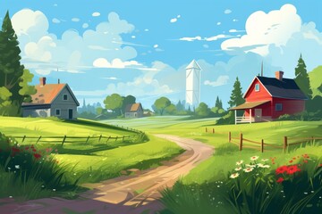 Fototapeta premium Picturesque rural village nestled among rolling green fields with charming houses, winding dirt path, wildflowers and a bright summer sky with soft white clouds evoking tranquil country life