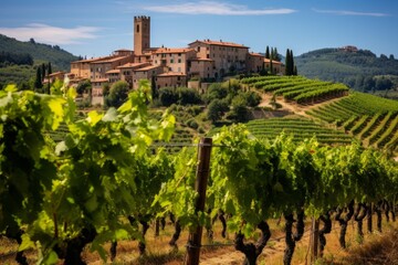 Fototapeta premium Italian village perched on a hill, overlooking terraced vineyards and green valleys, capturing the essence of rural tuscany with its historic buildings and agricultural landscape