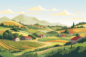 Fototapeta premium Rolling countryside landscape featuring vineyards, farms, and small villages nestled among green hills, with distant mountains under a cloudy sky, depicting rural life and agricultural prosperity