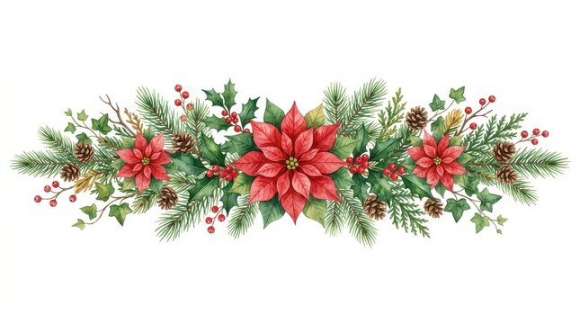 Watercolor Christmas Garland with Red Poinsettias, Pine Branches, Holly Berries, and Pine Cones on White Background