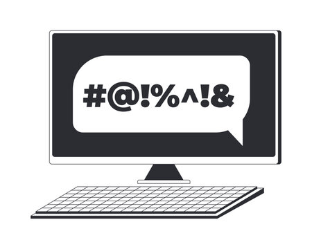 Computer screen with swear speech bubble black and white cartoon clipart. Toxic digital communication. Cyberbullying on desktop monitor isolated vector linear element. Flat spot illustration