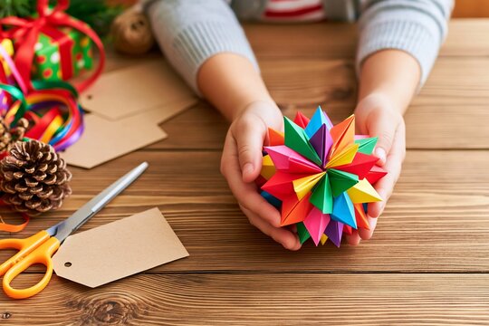 Creative Child Holding Handmade Colorful Paper Christmas Star Decoration on Rustic Wooden Table