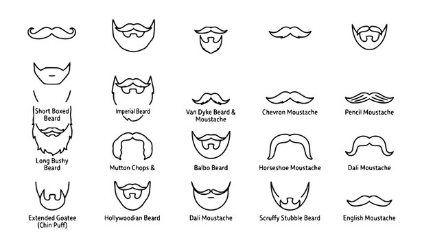 Variety of beard and mustache styles illustrated as line art on white background