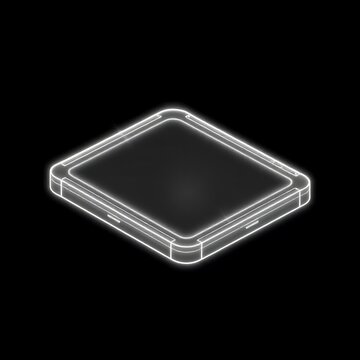 Futuristic isometric tablet with glowing white neon outline