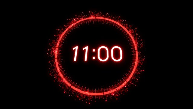 Neon red digital clock showing eleven o clock countdown