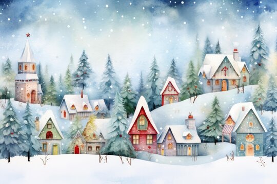Watercolor illustration depicting a charming winter village with snow covered houses and a church. Surrounded by frosty pine trees under a falling snow. Evoking a peaceful christmas and holiday season