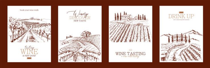 Naklejka premium Wine labels with hand drawn vinery landscapes