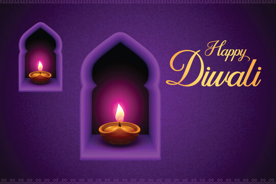 Realistic Illuminated Oil Lamp Sitting On Window Wall On Purple Background. Diwali Festival Of Lights Background Concept For E-commerce Greetings, Poster, Banner Etc.