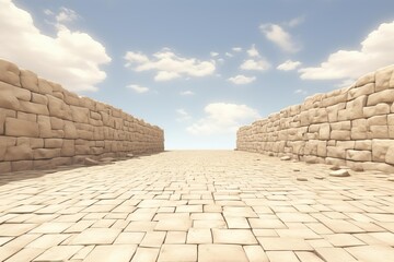 Fototapeta premium Stone block path leading forward between high stone walls, creating a challenging passage and symbolizing concepts of choice, journey, and the future under a bright sky with clouds