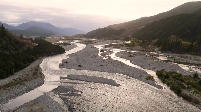 Drone Aerial of Braided Wairau River at Sunset New Zealand