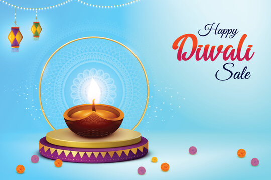 Happy Diwali With Diya & Hanging Paper Lantern Lights On Blue Background. Indian Hindu Festival Concept For E-commerce Greetings, Poster, Banner Etc.