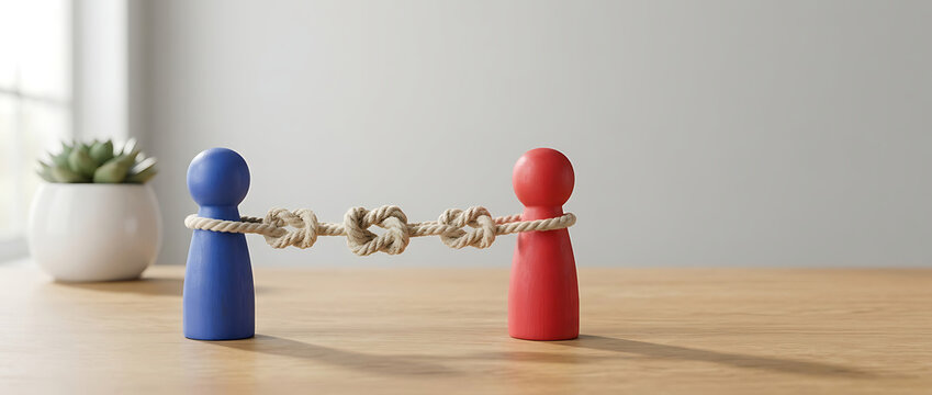 Symbolic Representation of Strong Human Connection and Business Partnership Featuring Red and Blue Peg Dolls Tied Together with a Knotted Rope on a Minimalist Wooden Table Background