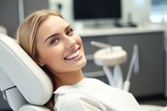 Woman patient receiving dental care. Showing a perfect. Healthy smile in a modern clinic environment. Feeling confident and happy after a successful dental checkup or treatment