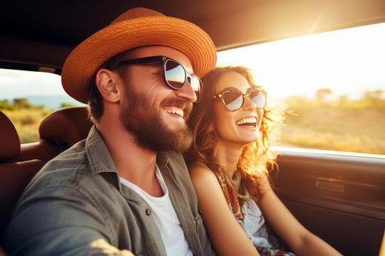 Happy young couple traveling in a convertible car, experiencing joy and freedom during a summer road trip, smiling and laughing with sunglasses, warm sunlight bathing the scene at sunset or sunrise