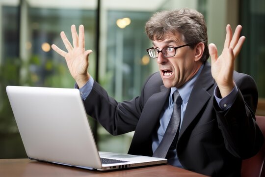 Businessman reacting with shock and frustration to a computer problem, experiencing technology stress, an error, or a system crash while working on a laptop at an office table