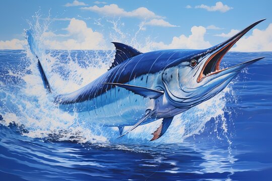 Blue marlin jumping dramatically out of the deep blue ocean, creating a powerful splash, representing speed, agility, strength, and the excitement of big game fishing