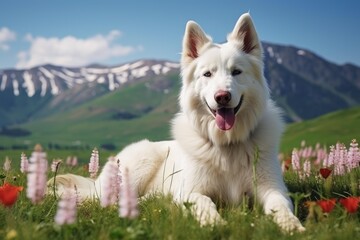 Naklejka premium White swiss shepherd dog relaxing in a vibrant mountain meadow, enjoying a sunny day surrounded by blooming wildflowers and natural beauty, representing pet companionship and outdoor freedom
