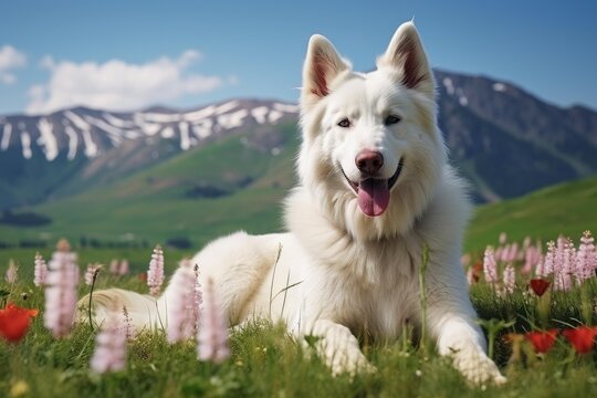 White swiss shepherd dog relaxing in a vibrant mountain meadow, enjoying a sunny day surrounded by blooming wildflowers and natural beauty, representing pet companionship and outdoor freedom