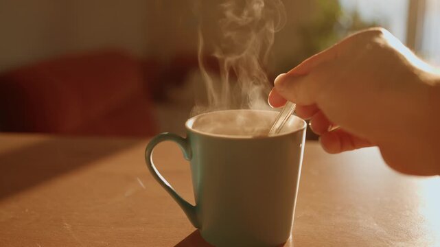 Close up of a hand using a spoon to stir a steaming hot cup of coffee on a wooden table, with warm morning sunlight creating a cozy and inviting atmosphere for breakfast