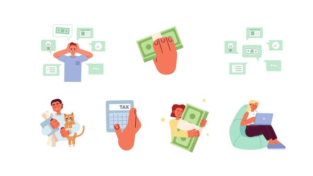 Personal finance and remote work cartoon animation pack. Tax calculator. Tasks overload. Project manager. Freelance income savings animated flat 4K video collection isolated on transparent background
