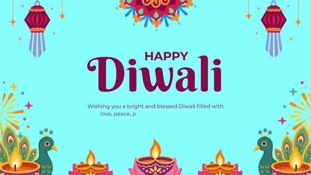 Happy diwali festive banner with colorful peacocks, oil lamps and hanging lanterns on a blue background diwali festival peacock diya oil lamp lantern