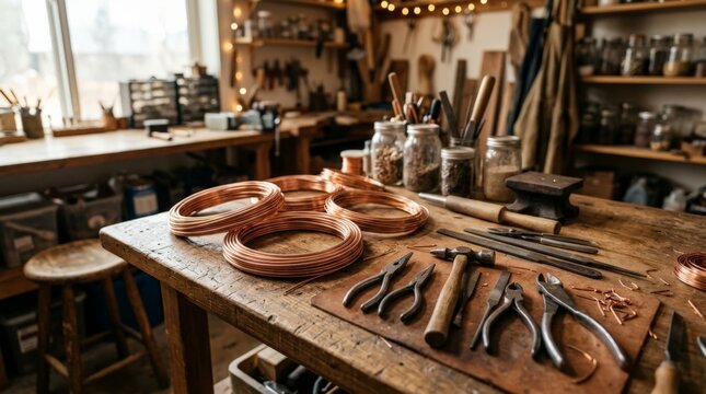 A workbench cluttered with artisan tools, jars, and coiled copper wire scrap creates an inviting workspace atmosphere inside a rustic workshop filled with wooden shelves