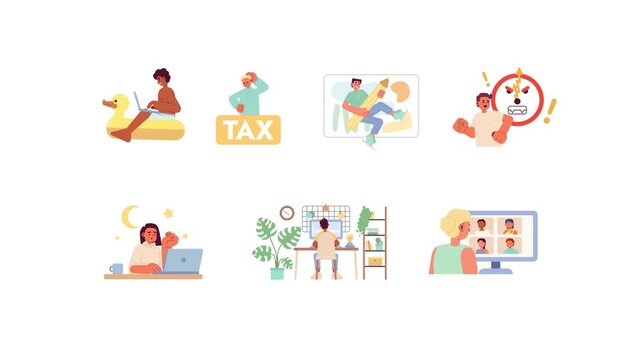 Remote worker duties and productivity cartoon animation pack. Work from home. Laptop telecommuting. Digital nomad lifestyle animated flat 4K video collection isolated on transparent background