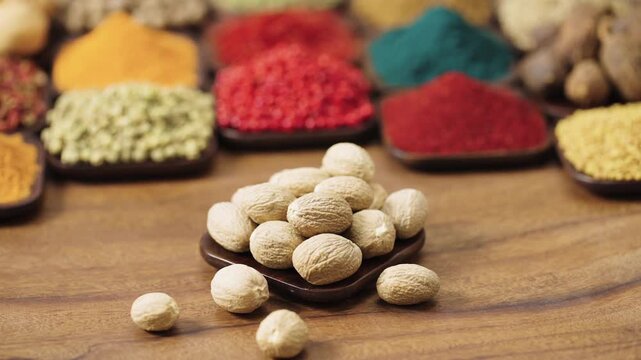 whole nutmeg seed from the Myristica fragrans tree in a square bowl on a wooden table, surrounded by various spices and herbs.