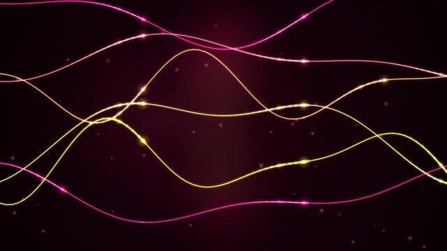 A glowing abstract background featuring looping wavy lines of neon pink and golden light.