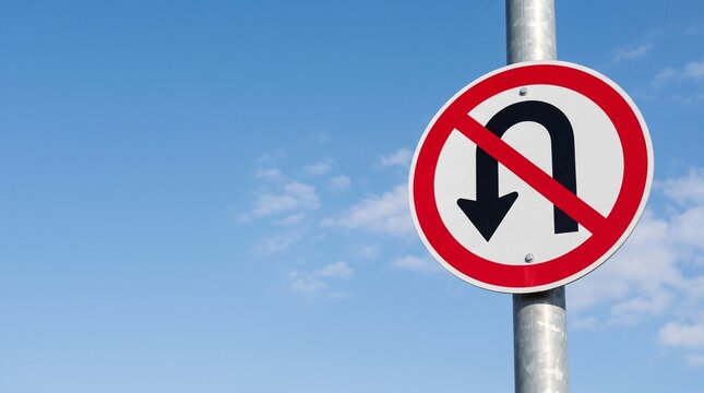 No U-Turn Prohibition Road Sign on Metal Pole Against Clear Blue Sky with Soft Clouds, Traffic Rules and Restriction Concept