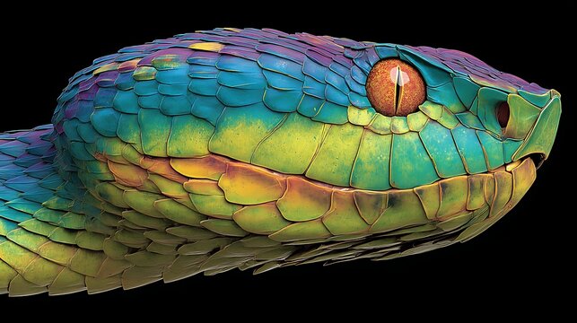 Colorful snake head close-up with iridescent scales on black