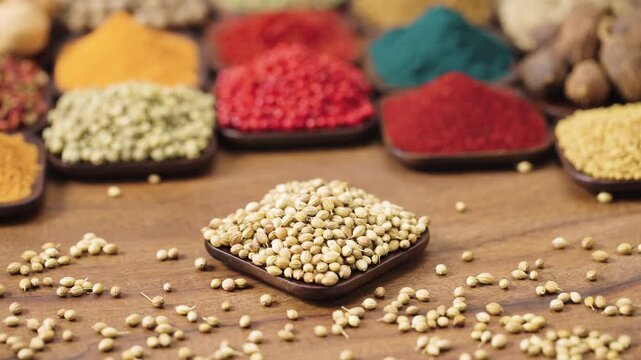 whole coriander or cilantro seeds in a square bowl on a wooden table, surrounded by various spices and herbs.