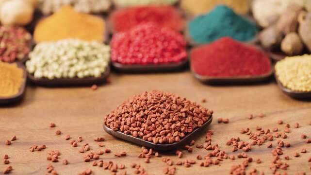 annatto seeds of achiote tree in a square bowl on a wooden table, surrounded by various spices and herbs.