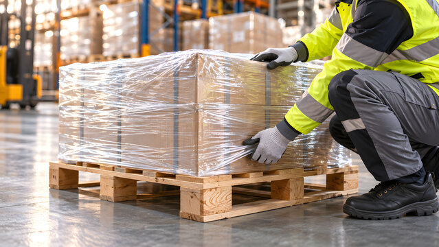 Professional warehouse worker in safety gear carefully wrapping a large pallet of cardboard boxes with stretch film for secure shipping transport