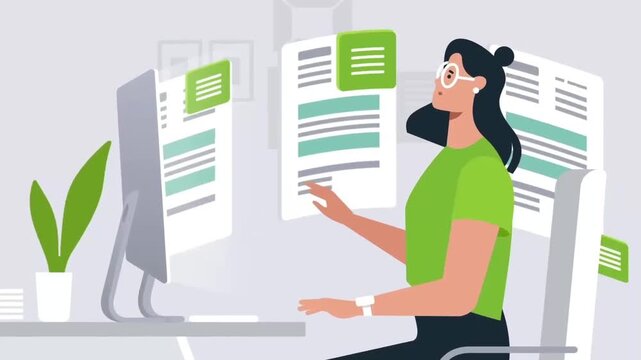 Woman working at computer desk with floating documents and charts in motion animation video footage