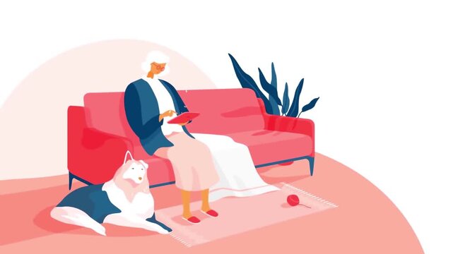 Elderly woman sitting on cozy sofa using digital tablet device with loyal pet dog relaxing video clip