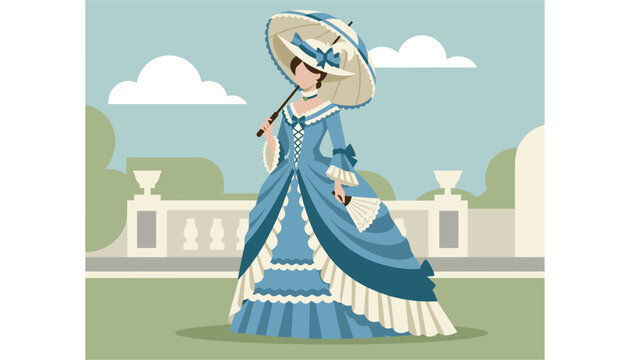 Woman in a sophisticated 18th-century blue gown with white ruffles holding a parasol and fan while standing in an elegant garden.