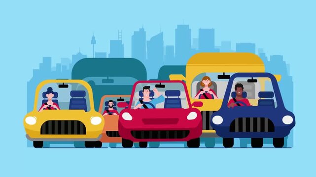 Angry driver stuck in heavy city traffic jam shaking his fist in frustration during animation video footage