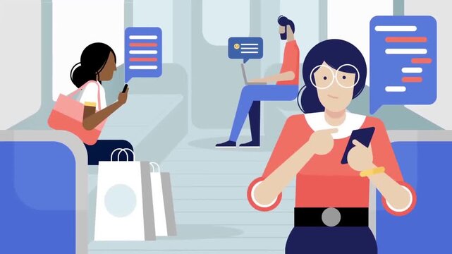 Commuters riding subway train while using smartphones and laptops in colorful animated motion graphic video clip