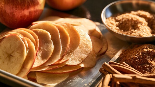 An apple is sliced into extremely thin translucent rounds using a mandoline, with overlapping pieces catching soft backlight while cinnamon and brown sugar wait nearby for the next preparation step