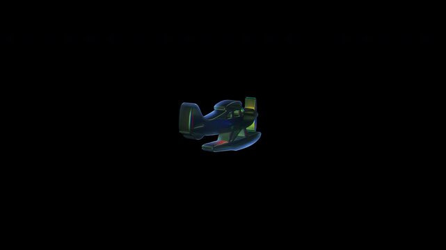 Iridescent glass seaplane rotating on black background